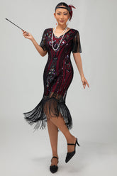 Flapper Burgunder Bodycon Paillettenkleid mit Fransen aus den 1920er Jahren